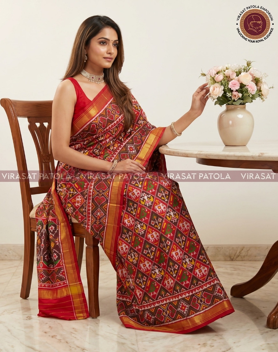 Maroon patola saree with all-over geometric pattern, wide gold border and pallu