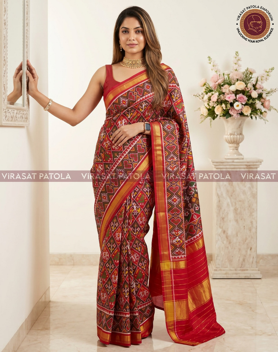 Maroon patola saree with bold multicolor checks, gold border and pleated drape