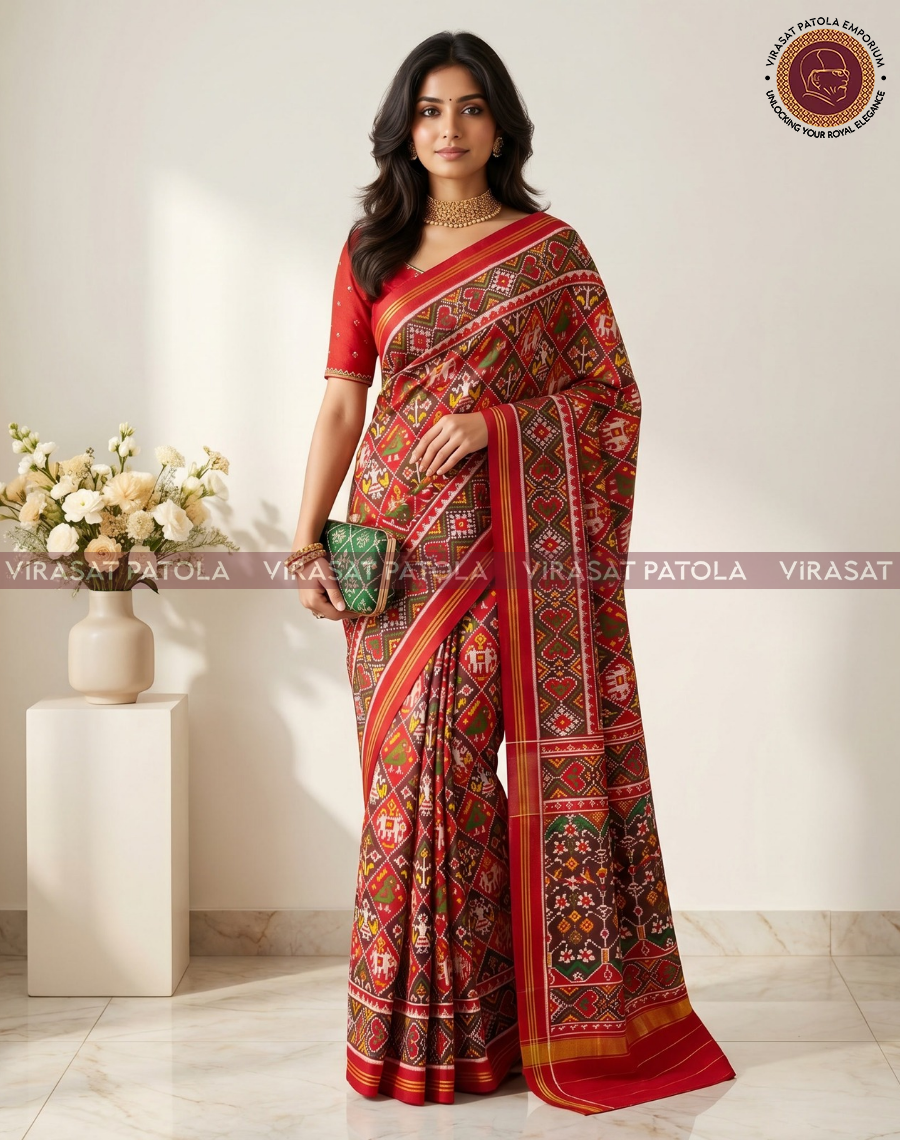 Maroon patola saree with green and red diamond motifs and red-gold border