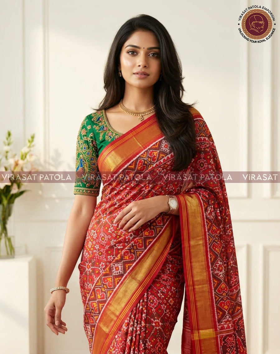 Red saree with multicolor geometric motifs and gold border, draped on model