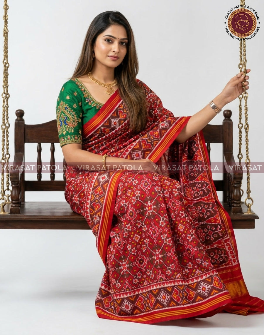 Red traditional patola saree with green blouse, geometric motifs, and gold border
