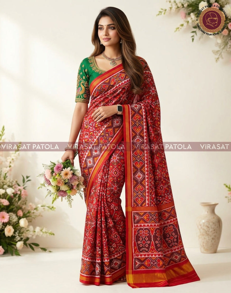 Red patola-style saree with multicolor motifs, gold trim, and green blouse