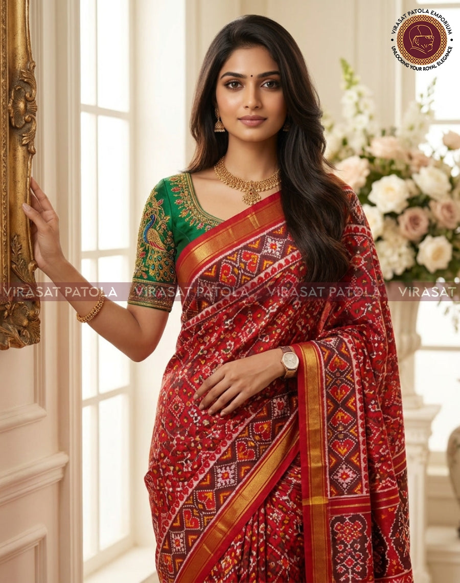 Red saree with green blouse sleeve, multicolor geometric pattern, and gold edge