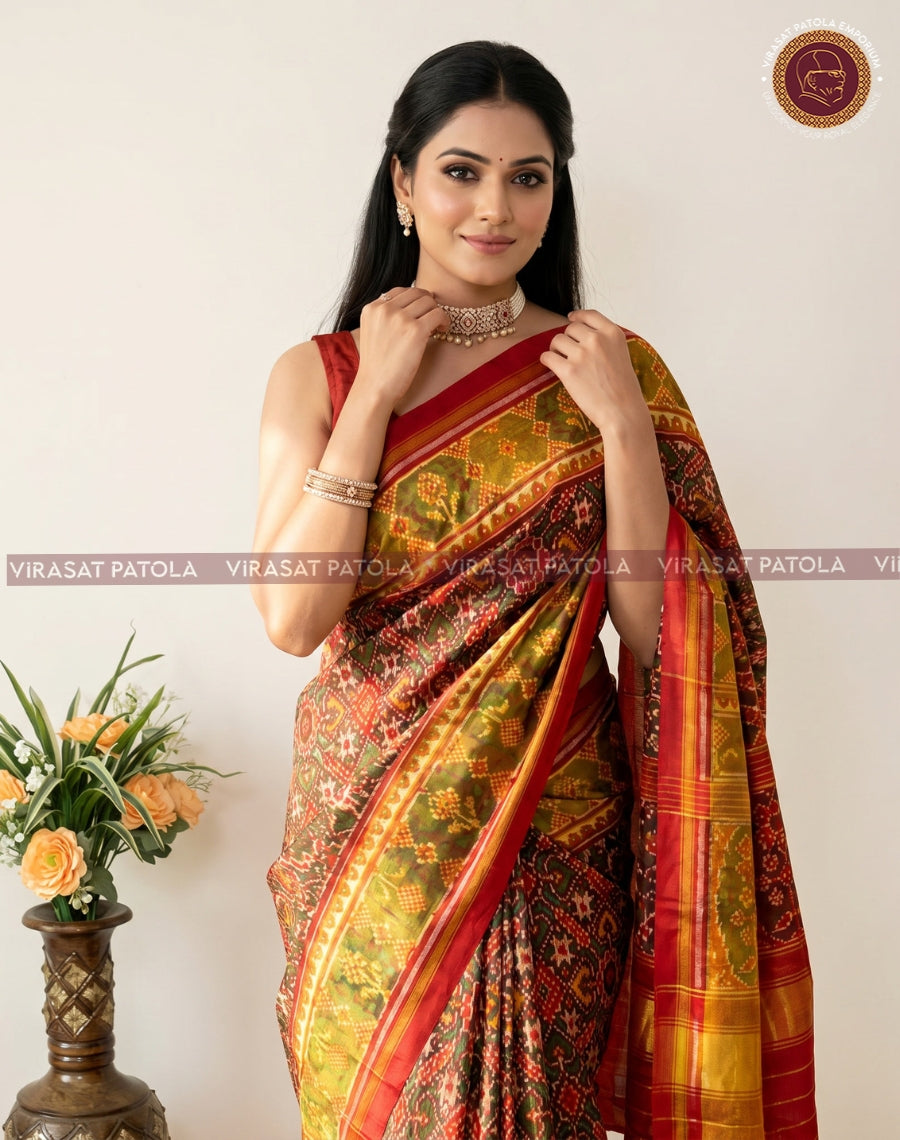 Maroon traditional patola saree with gold-green motifs and red border
