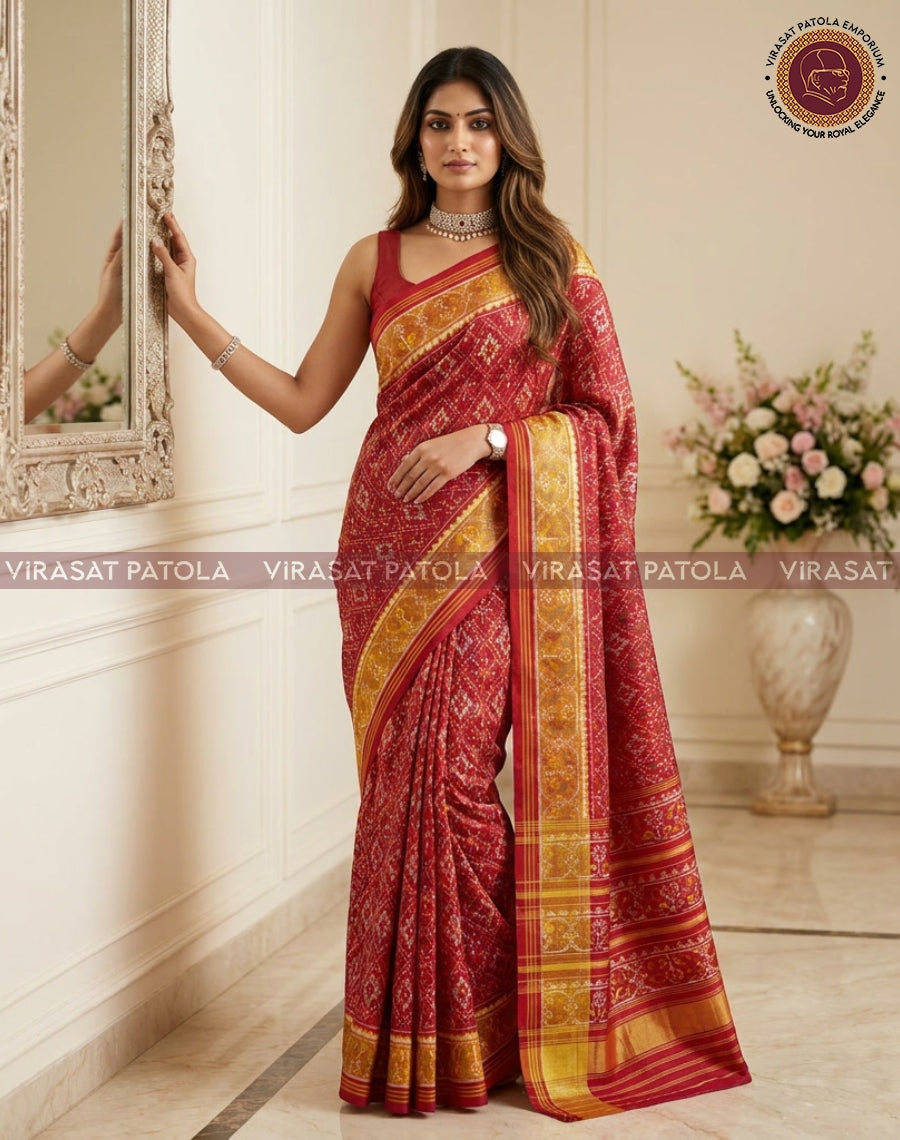 Red saree with wide gold border, diamond motifs, and patterned pallu