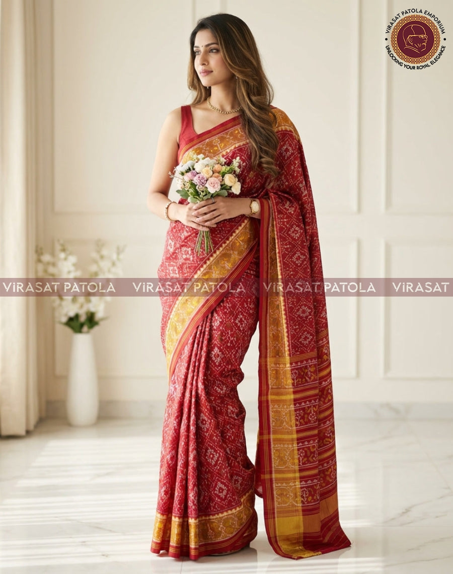 Red patola-style traditional saree with gold border and patterned pallu