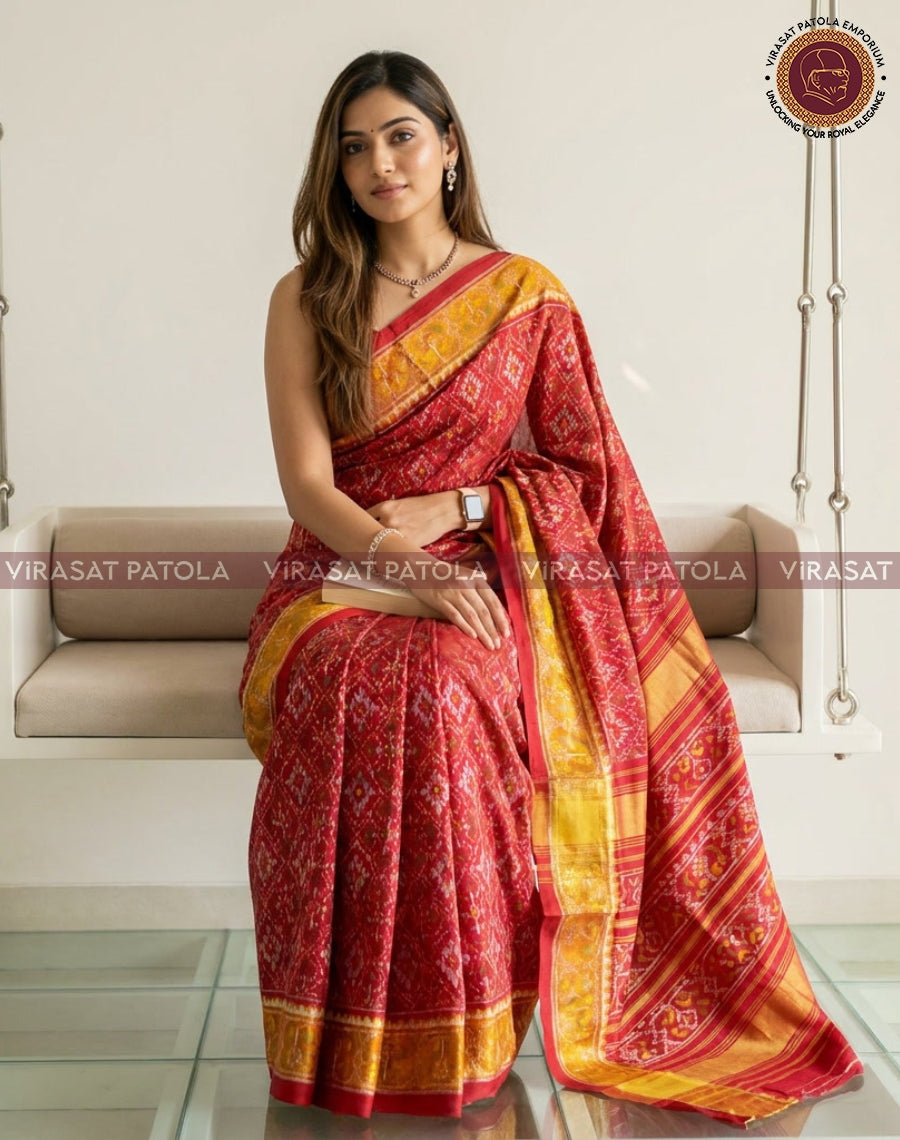 Red traditional saree with gold check border and patterned pallu, draped over shoulder