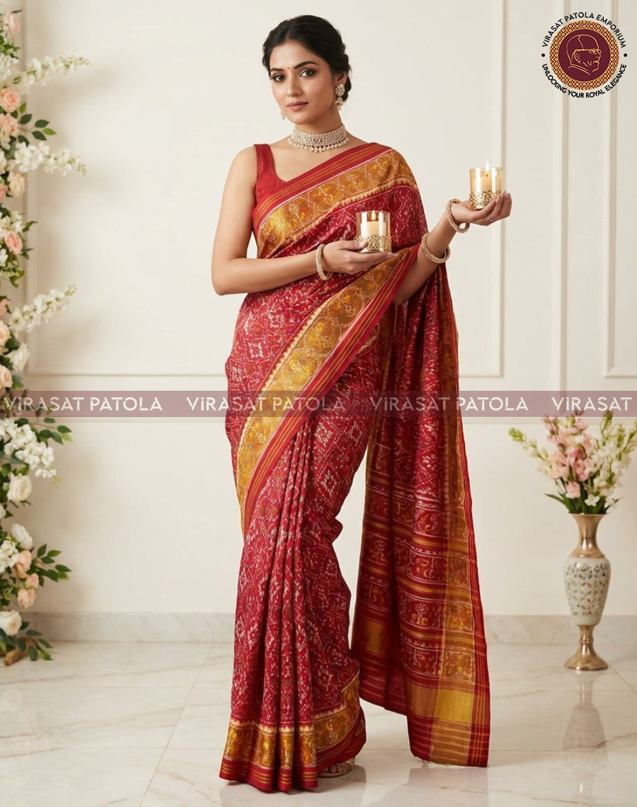 Red traditional saree with golden border and geometric weave pallu, side drape