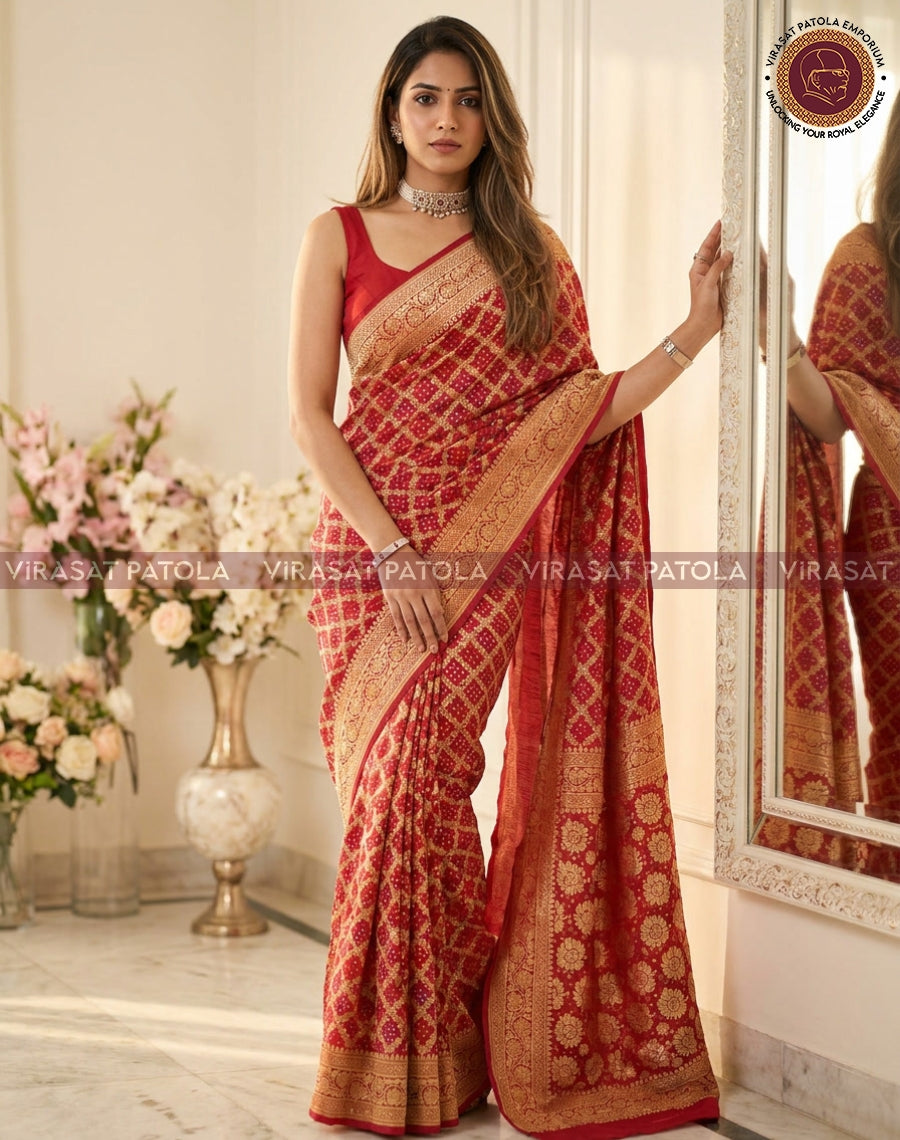 Red georgette bandhani saree with gold border and lattice-like motifs, full-length drape.