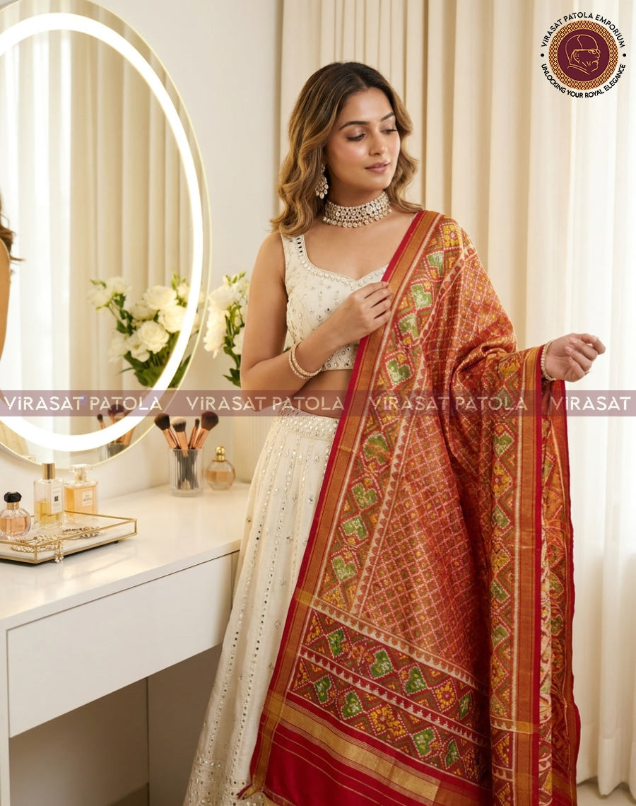 Tissue dupatta draped over shoulder, rust red with green and gold motif border