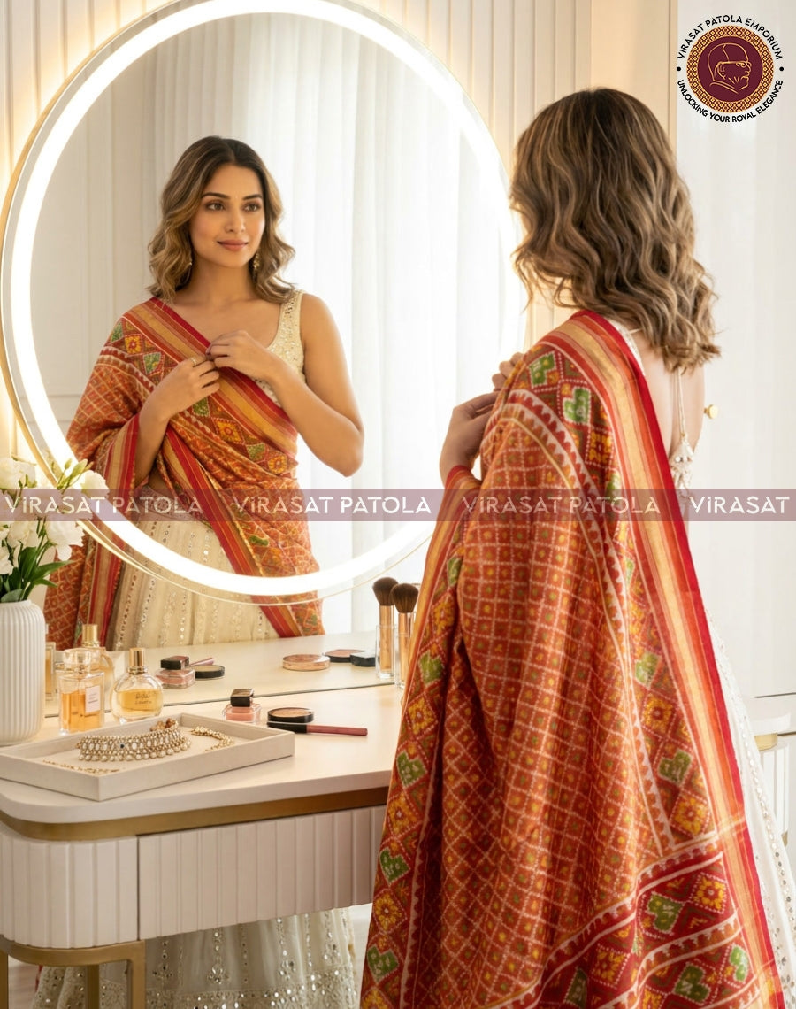 Rust red tissue dupatta with patterned border, green motifs and gold edging