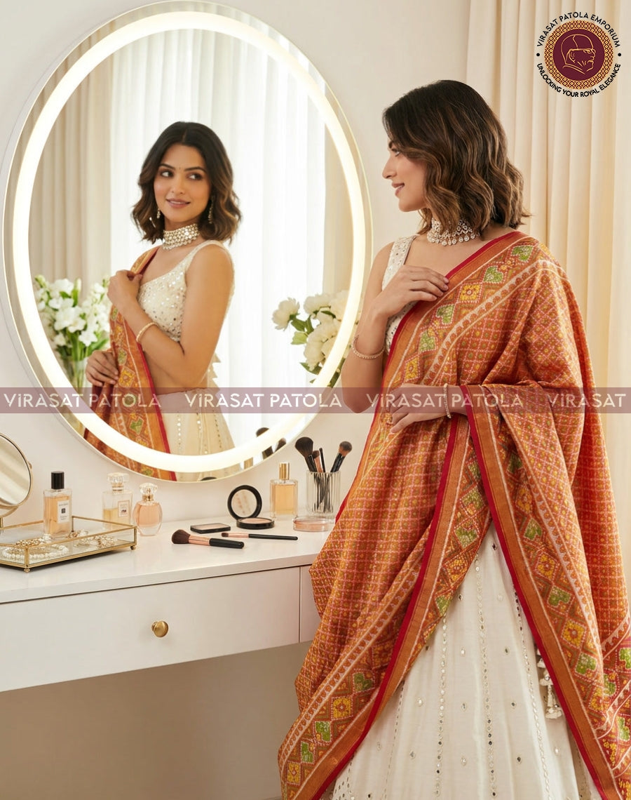 Tissue dupatta, rust red with green geometric motifs and wide gold-edged border