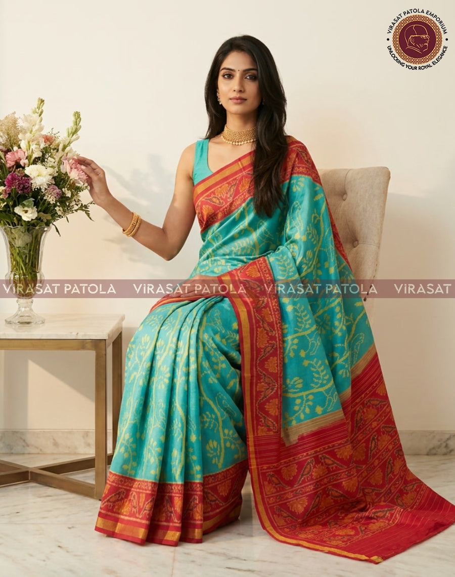 Turquoise patola saree with red border and gold motif pallu, draped over shoulder