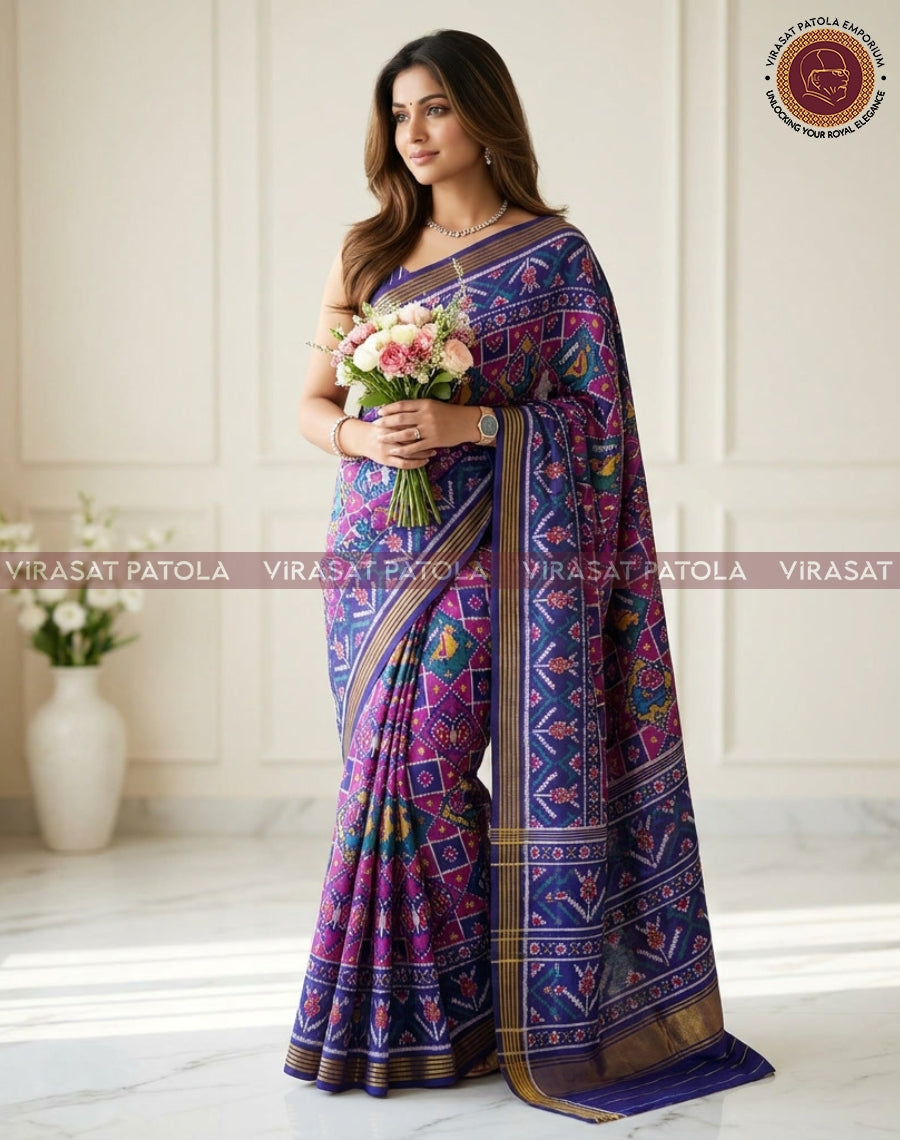 Royal blue traditional patola saree with multicolor squares, magenta accents, and gold border