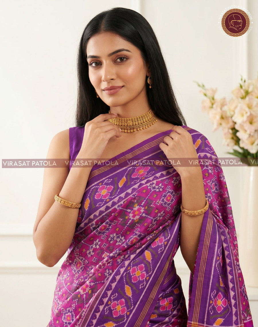 Royal purple patola saree with magenta motifs and broad striped border