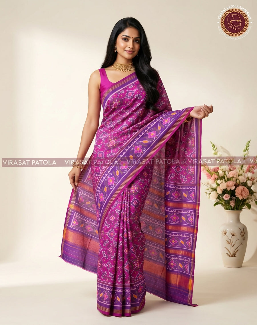 Royal purple patola saree full drape, magenta pattern with multicolor striped border