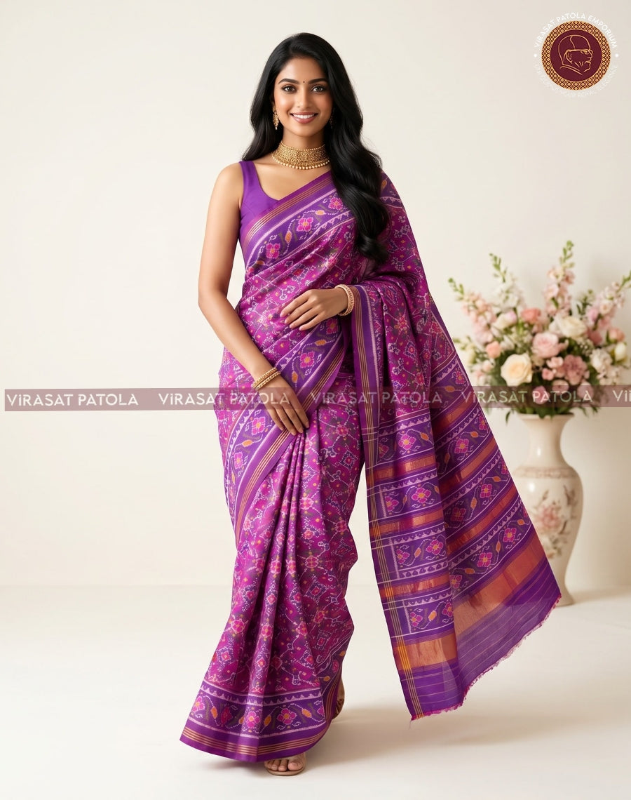Royal purple patola saree drape with magenta geometric prints and striped pallu border