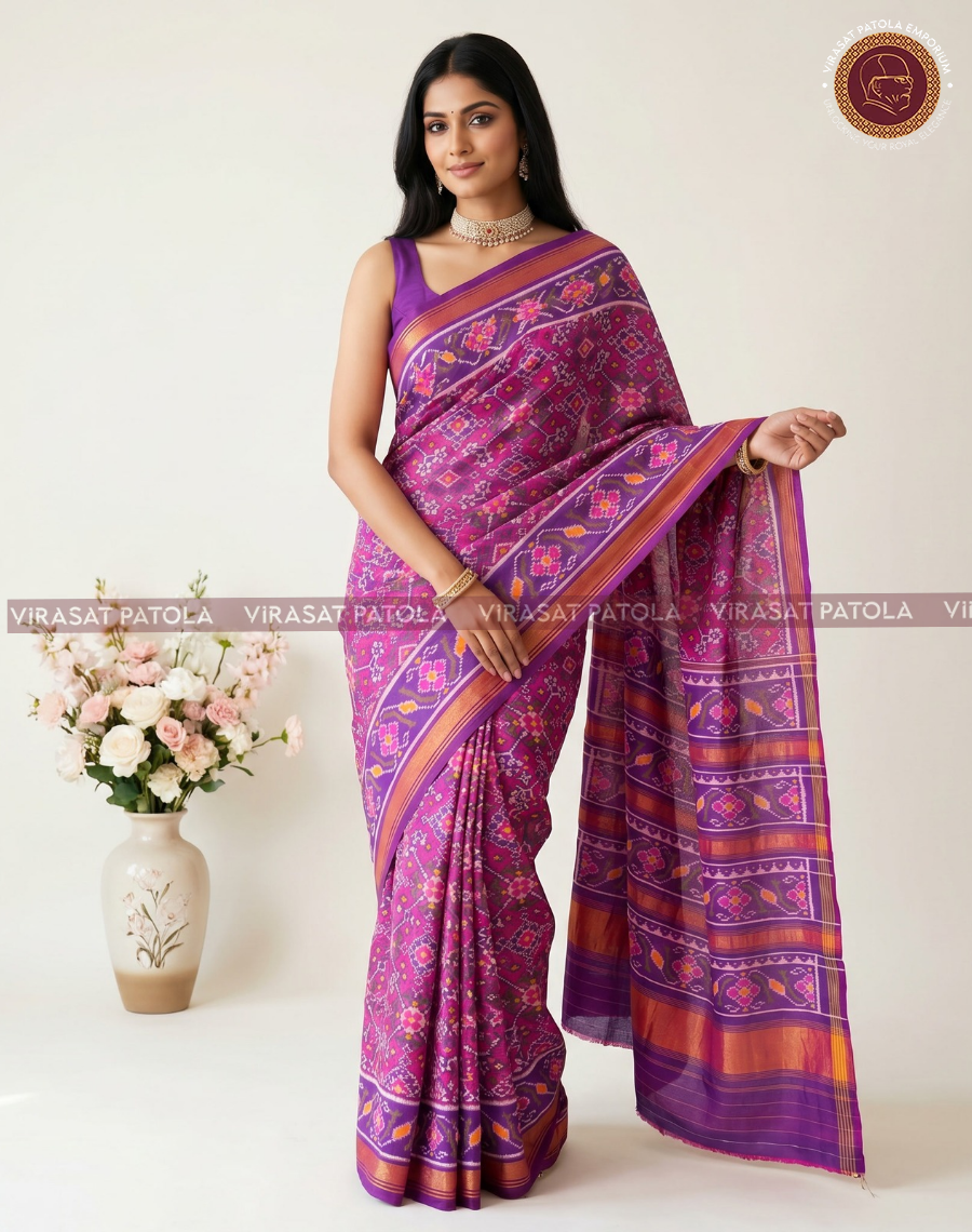 Royal purple patola saree pallu detail, magenta geometric motifs, purple border stripes
