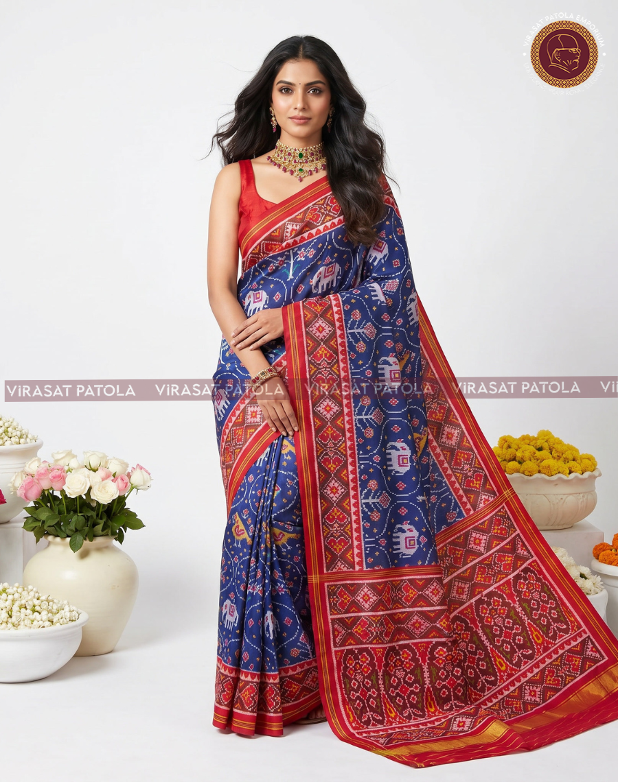 Blue saree with red-and-gold border, decorative motifs across body
