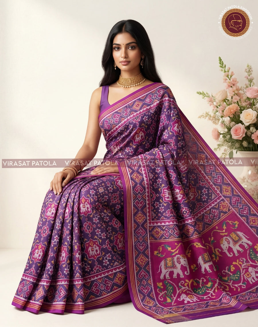 Traditional violet saree with elephant patola motifs and magenta-gold border