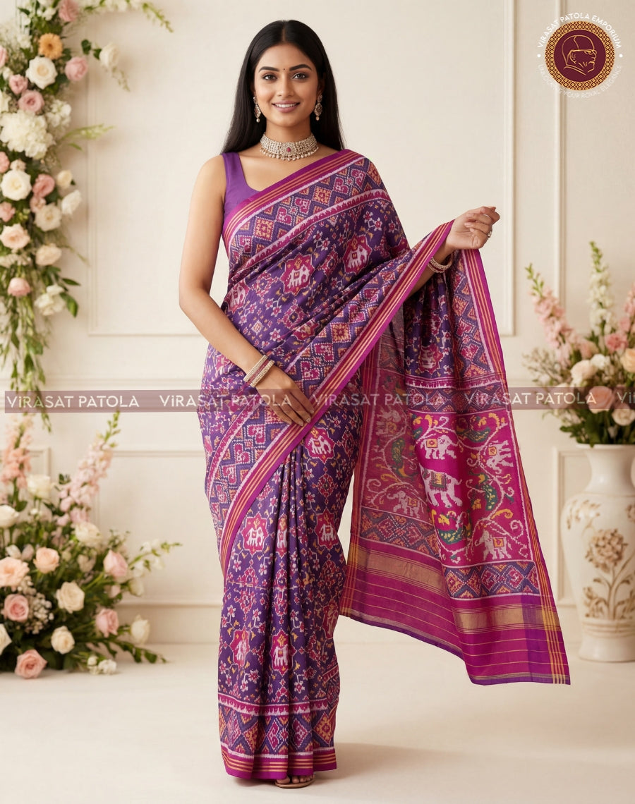 Violet patola saree with repeating elephant designs and striped magenta pallu border