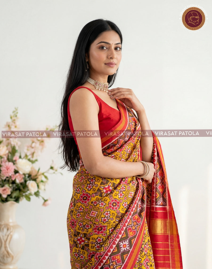 Yellow saree with red border and geometric motifs, pleated pallu drape