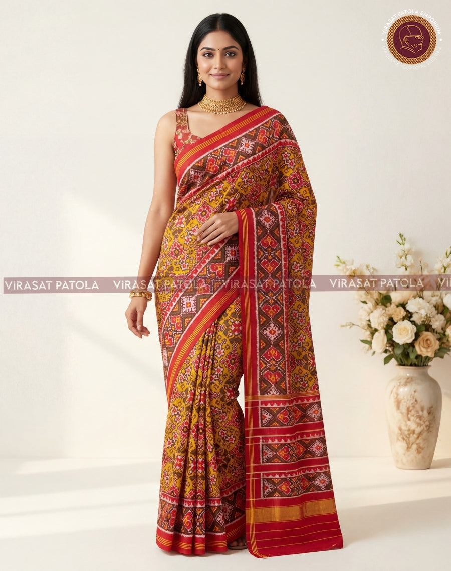 Traditional yellow-red saree with patterned pallu and red-gold border, Virasat Patola