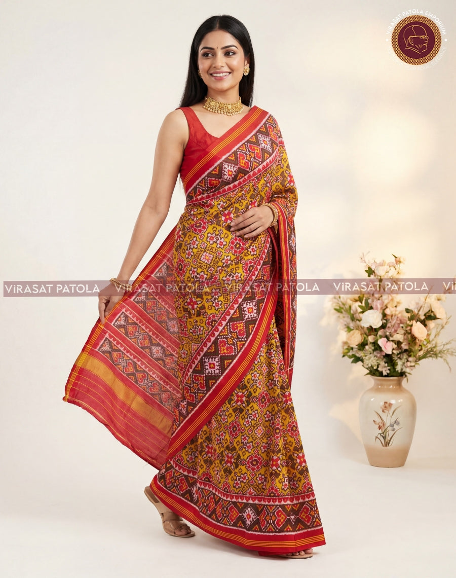 Yellow saree with red patterned edging, flowing pallu with geometric print