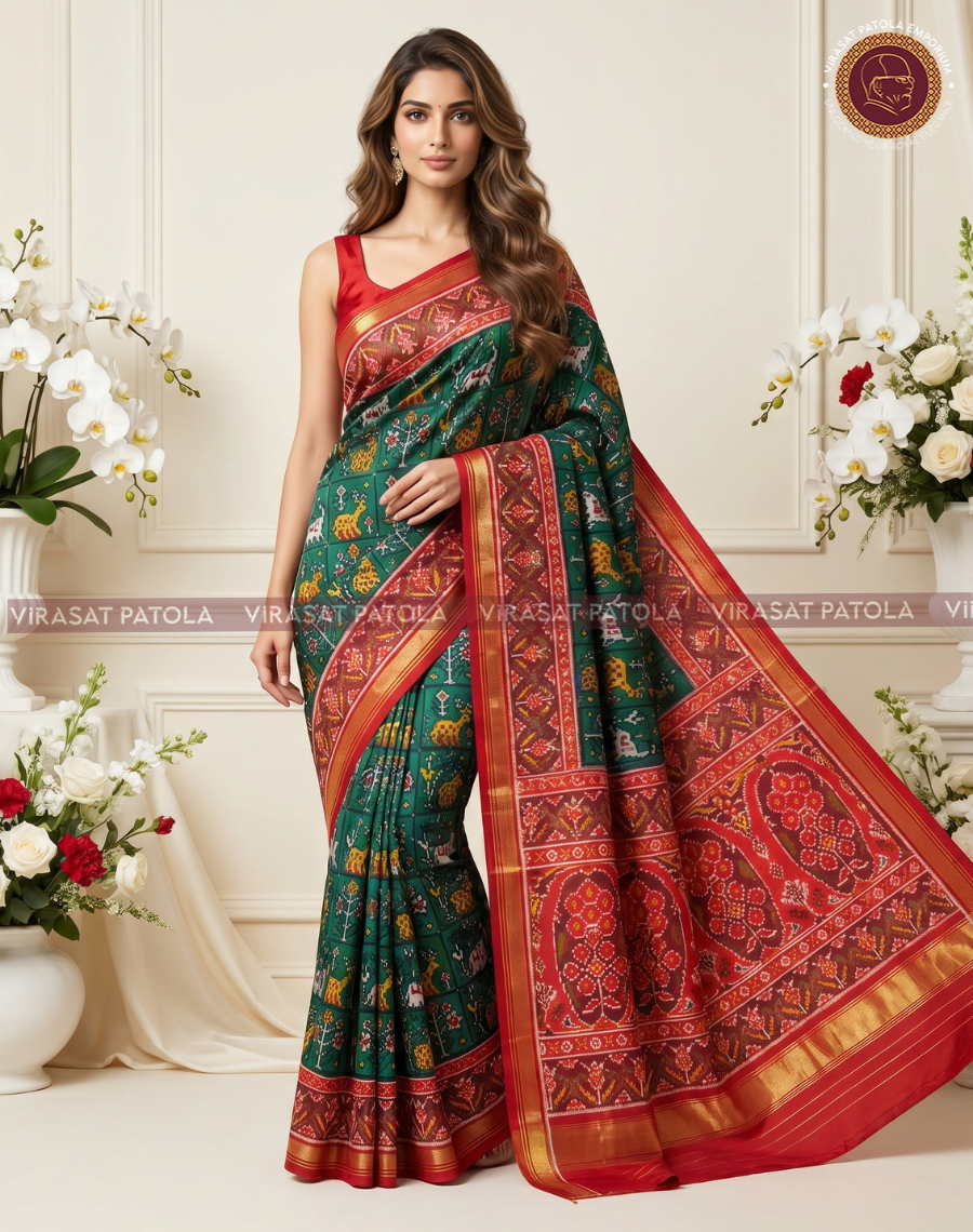 Green saree drape with red patterned border and gold zari edge, full pallu view