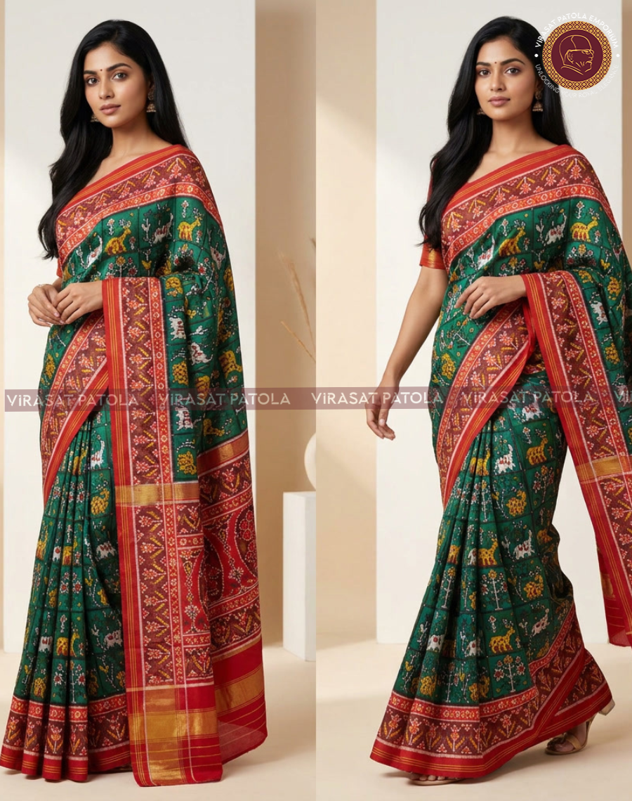 Green saree with wide red border, gold trim, and floral-elephant patola pattern