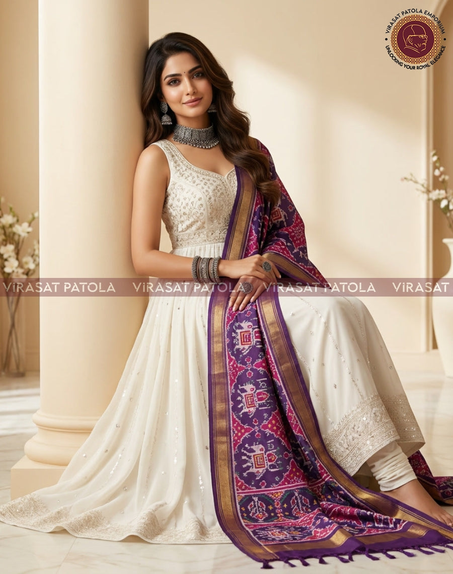 Royal blue and magenta patola dupatta with gold-trim border and scattered motifs