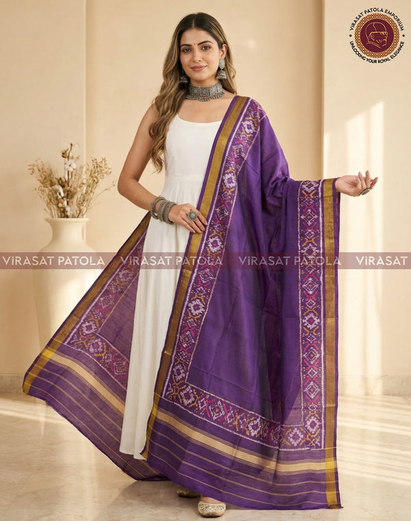 Purple traditional dupatta with woven border and patterned edge