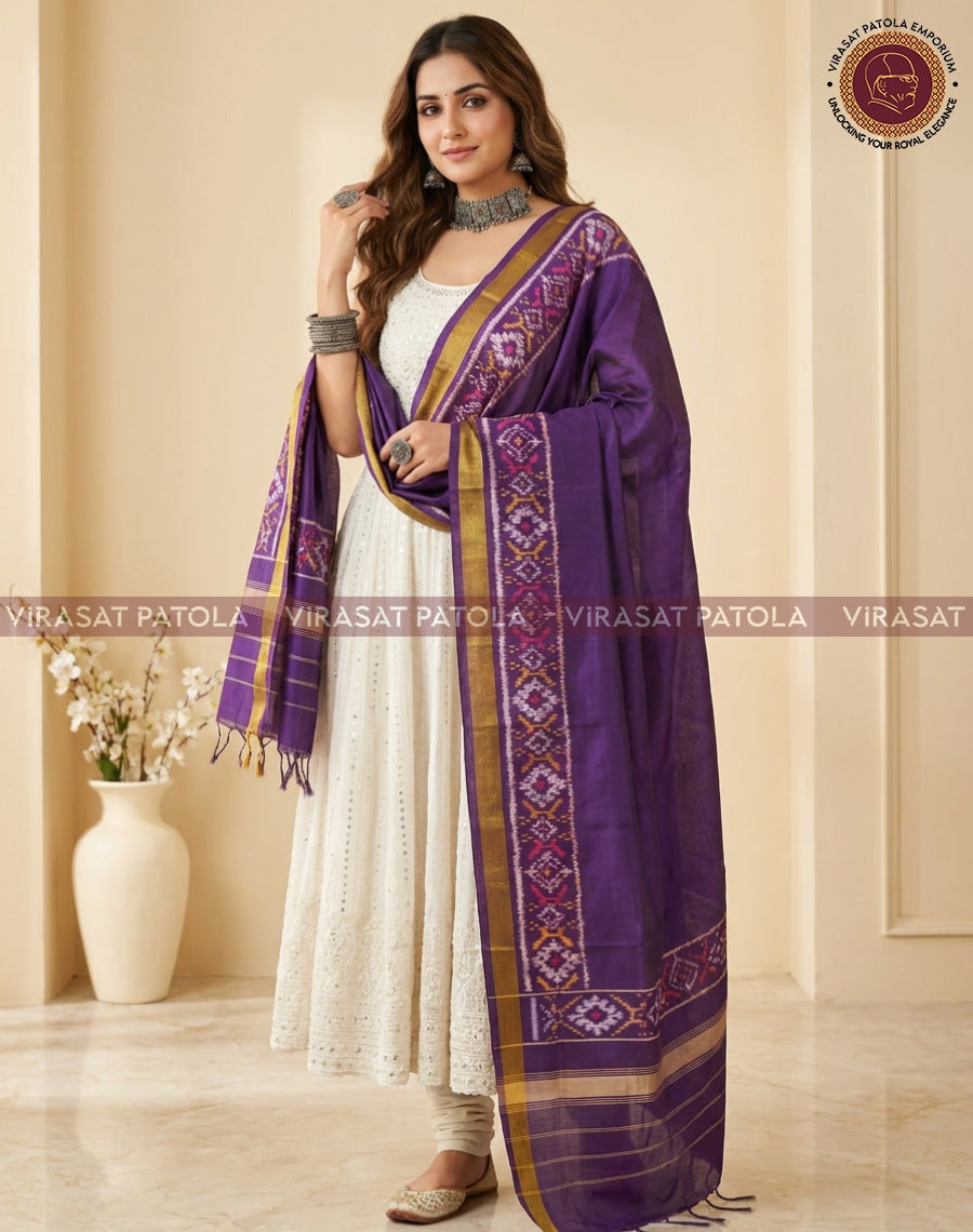 Purple dupatta draped on shoulder with decorative patterned border