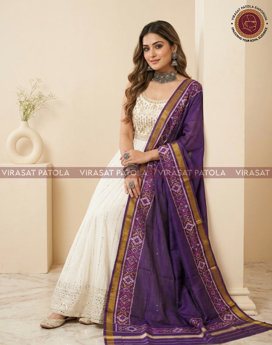 Purple Patola-style dupatta with maroon and gold border detailing