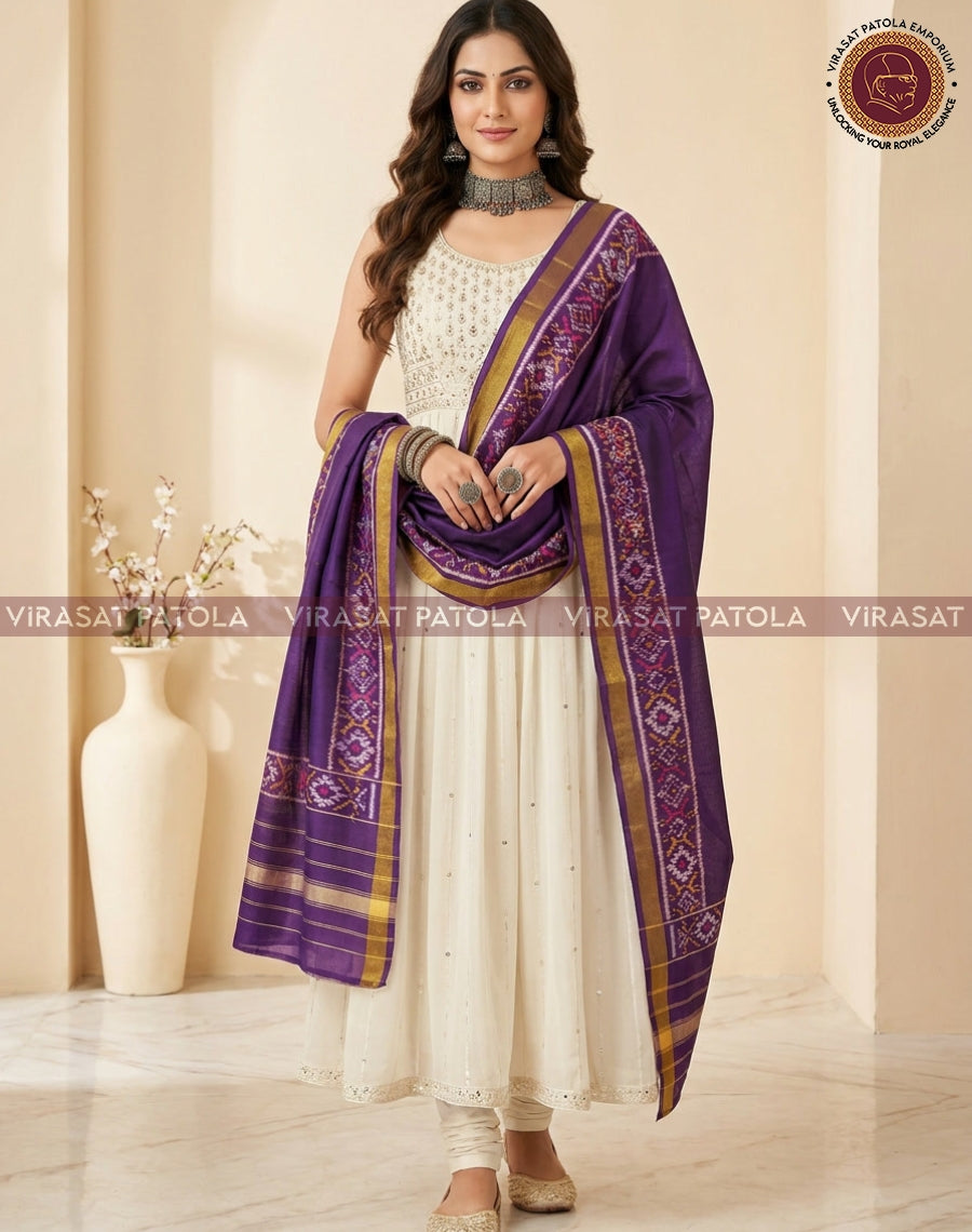 Purple dupatta with wide patterned border and striped hem