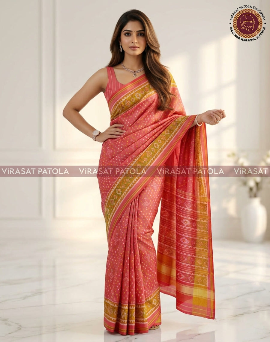 Pink saree with gold-green border and striped pallu, worn over left shoulder