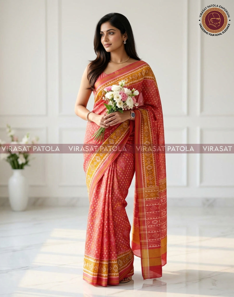 Pink printed saree with gold-green pallu border and striped end panel