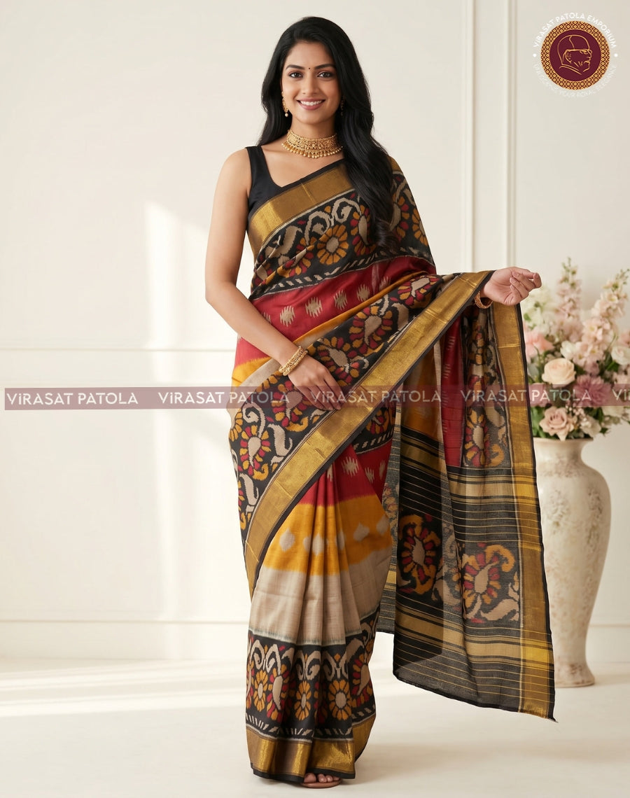 Black, red and mustard Patola saree with wide gold zari border