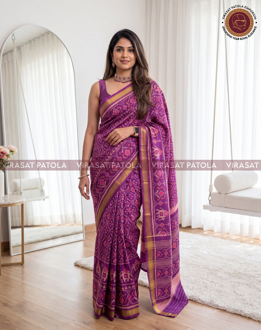 Wine Buttonfull Traditional Patola Saree