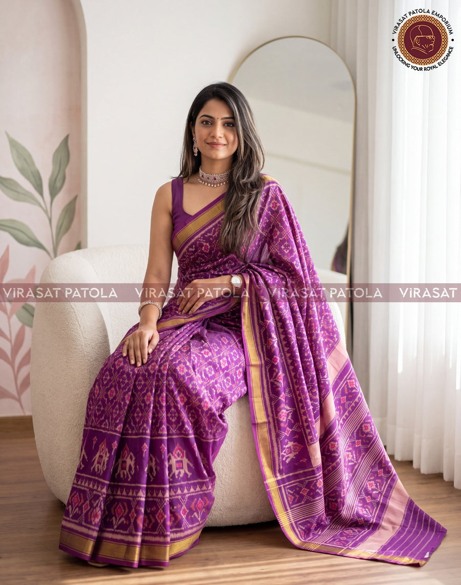 Wine Buttonfull Traditional Patola Saree
