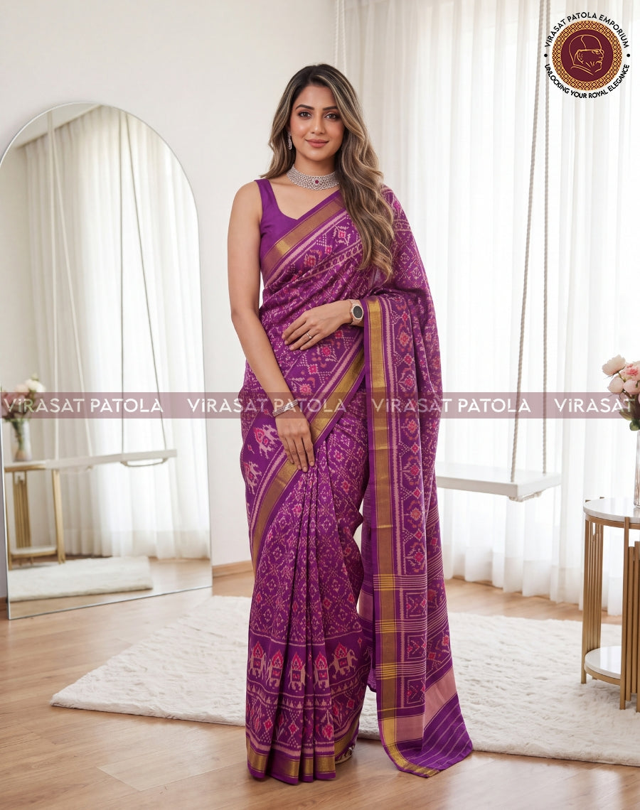 Wine Buttonfull Traditional Patola Saree