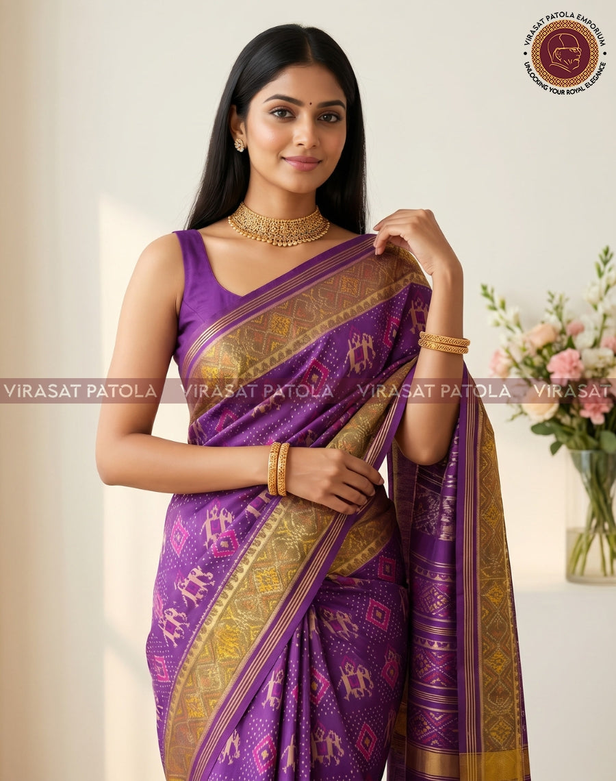 Virasat Patola patola saree in wine-purple with gold border and patterned pallu