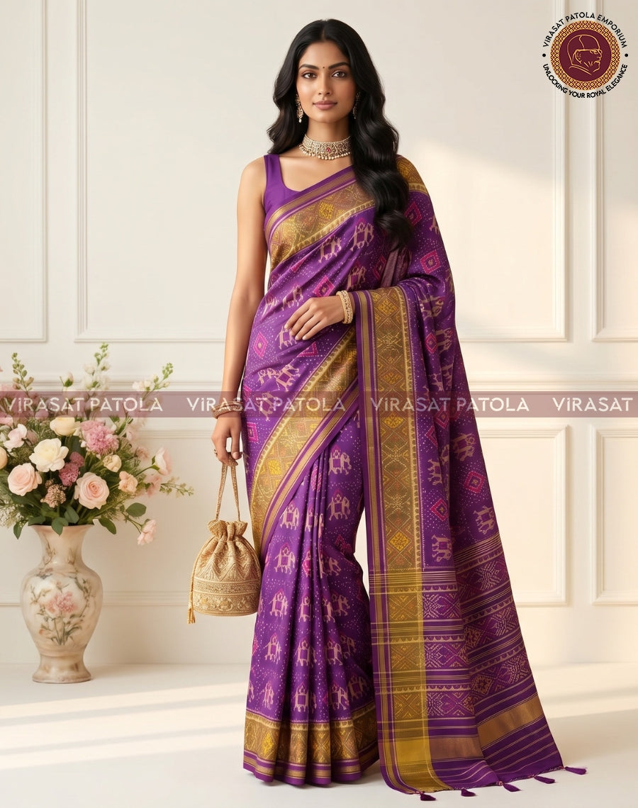 Wine Nari Kunjar saree, purple body with gold border stripe and patterned pallu