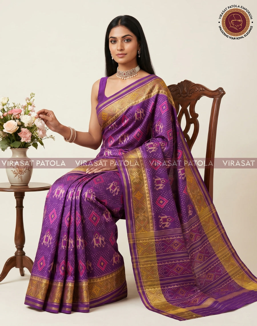 Wine-purple patola saree with wide gold-and-magenta border and geometric motif pallu