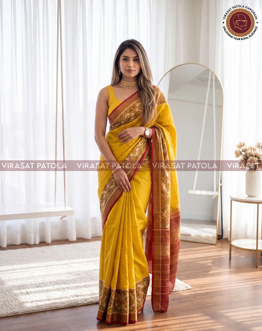 Yellow Plain Tissue Traditional Patola Saree With Designer Blouse Piece