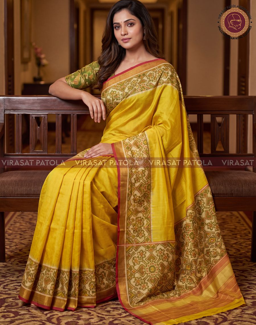Yellow Plain Tissue Traditional Patola Saree With Designer Blouse Piece