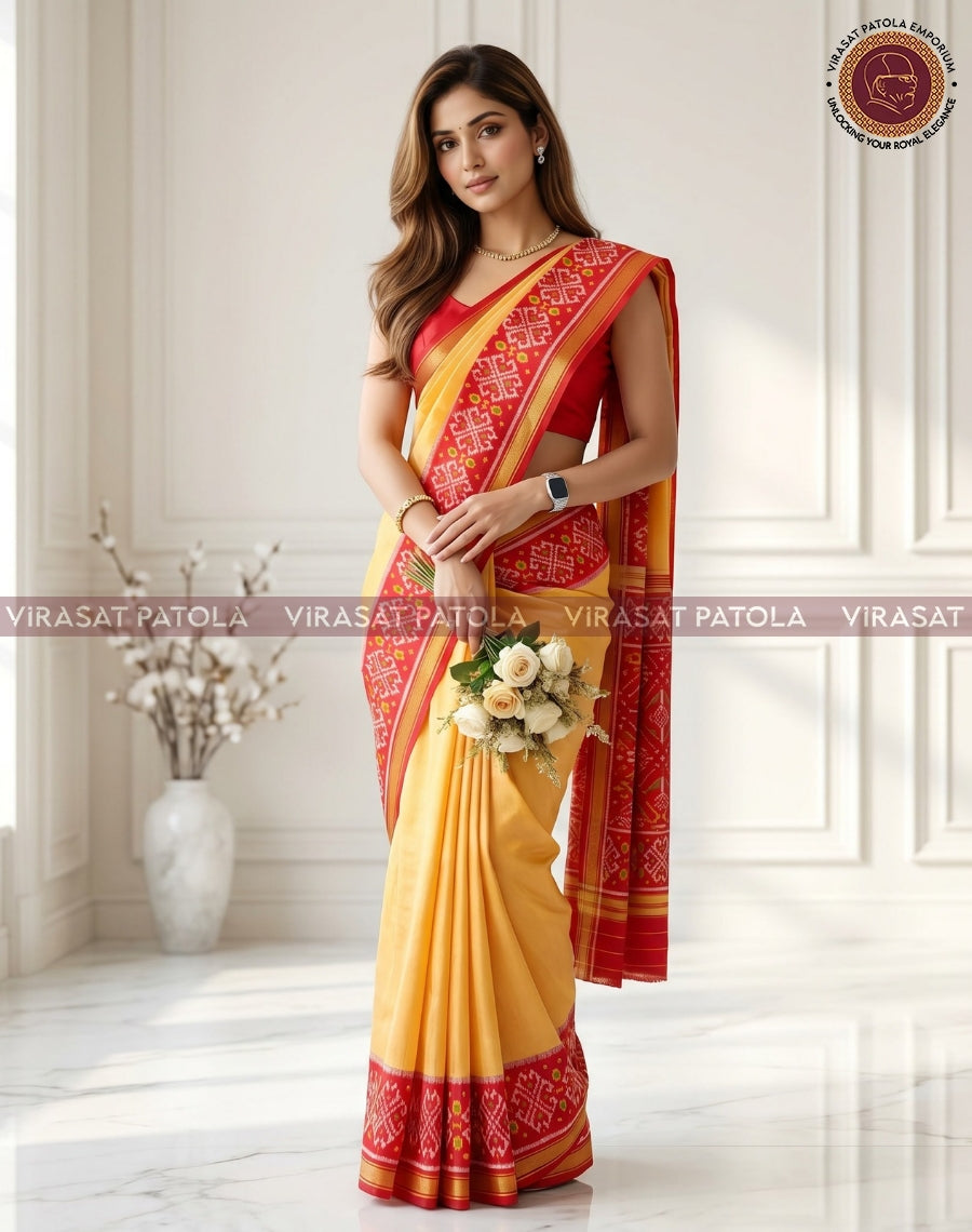 Mustard yellow traditional saree with red geometric border and patterned pallu