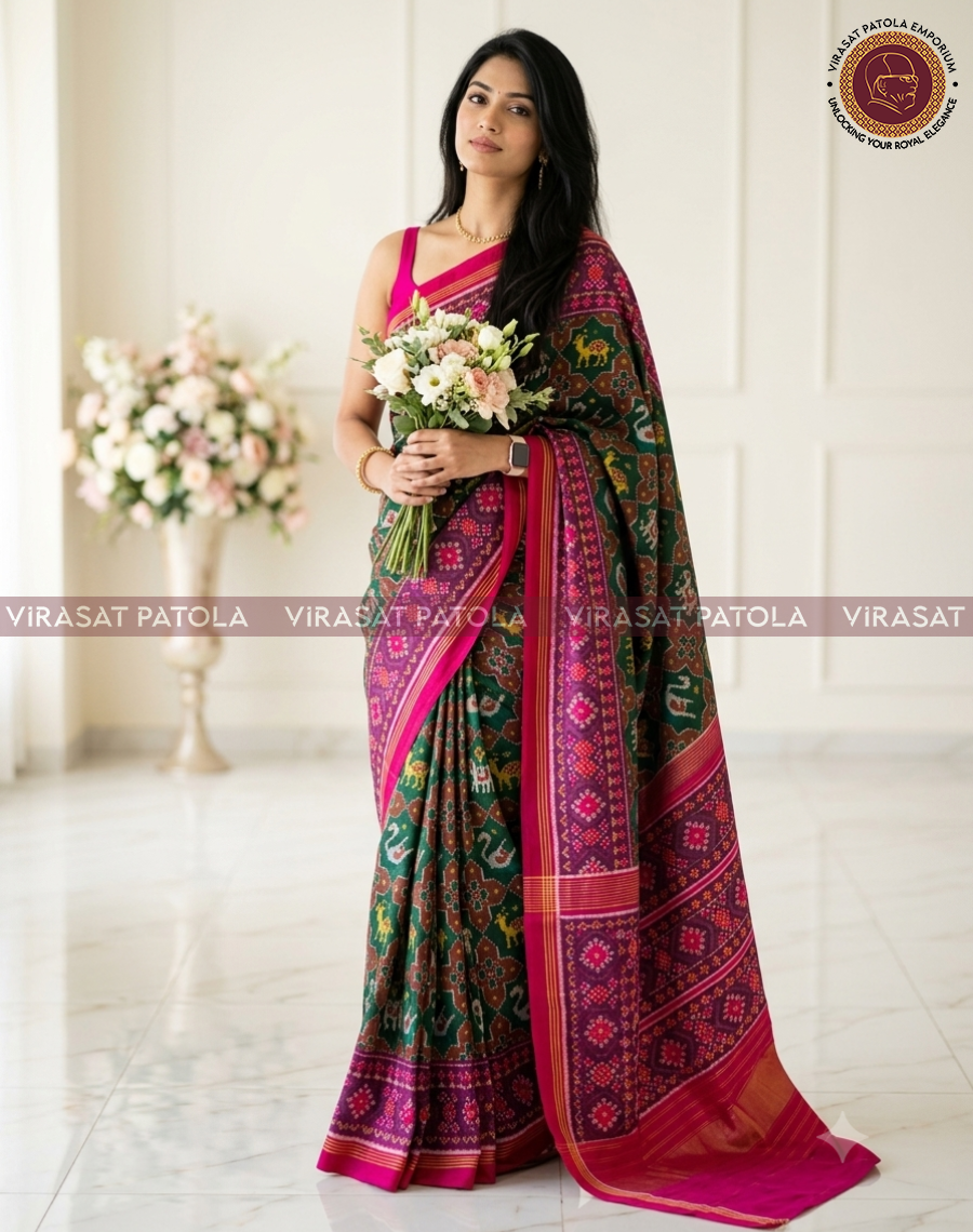 Patola-style saree draped with teal base, magenta borders, and woven star motif panels