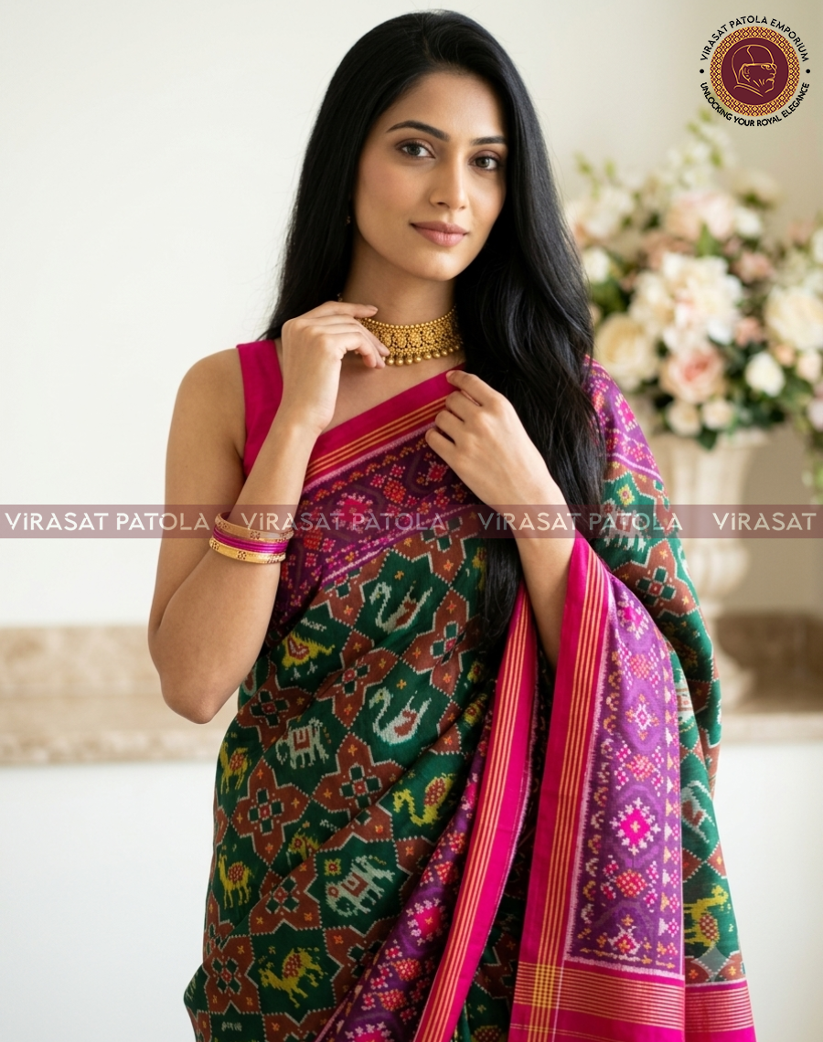 Teal patola-style saree close-up with magenta border and woven animal motif details
