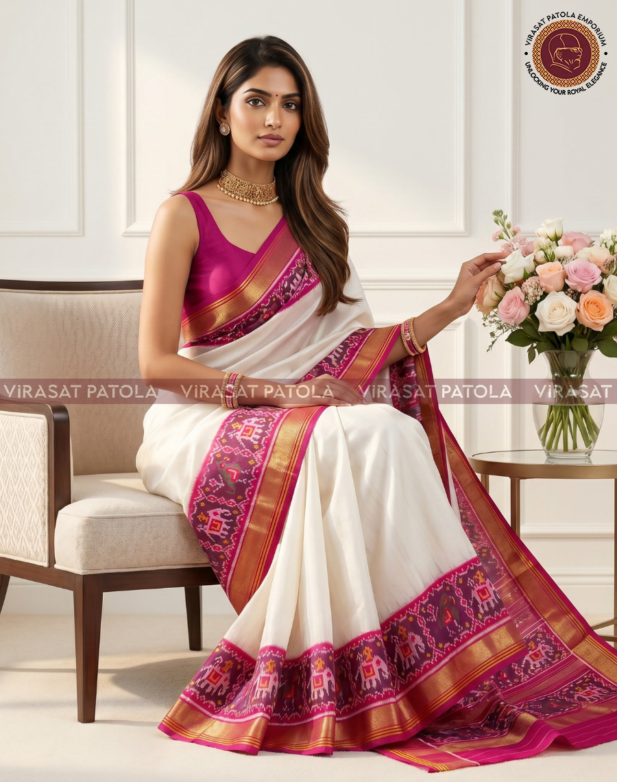 White patola saree with pink-magenta border and patterned hem
